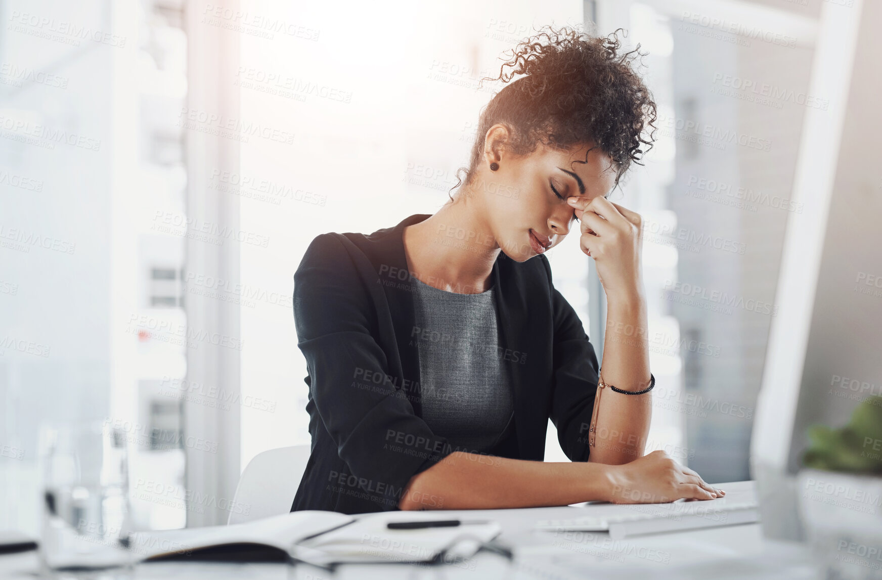 Buy stock photo Business, tired and black woman with stress headache for difficult project, burnout and frustrated for brain fog in office. African consultant, pain and migraine for admin crisis, fatigue and anxiety