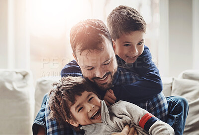 Buy stock photo Funny, home and father with boys, family and laughing in living room for fun, happiness and bonding together. Single parent or kids with joke, care and trust with comedy, relax and cheerful in lounge