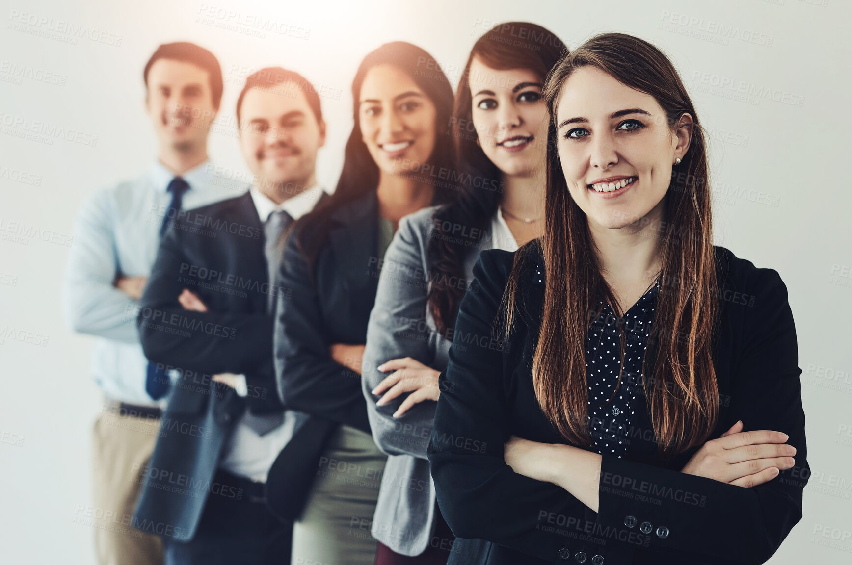 Buy stock photo Crossed arms, portrait and team of business people in office with confidence for career development. Internship, smile and group of legal students with pride for law attorney with collaboration.