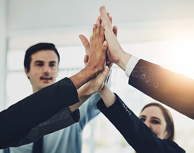 Buy stock photo Business people, group and high five for success, celebration or solidarity in office. Teamwork, winning and hands together for collaboration of community, support and motivation for goal achievement