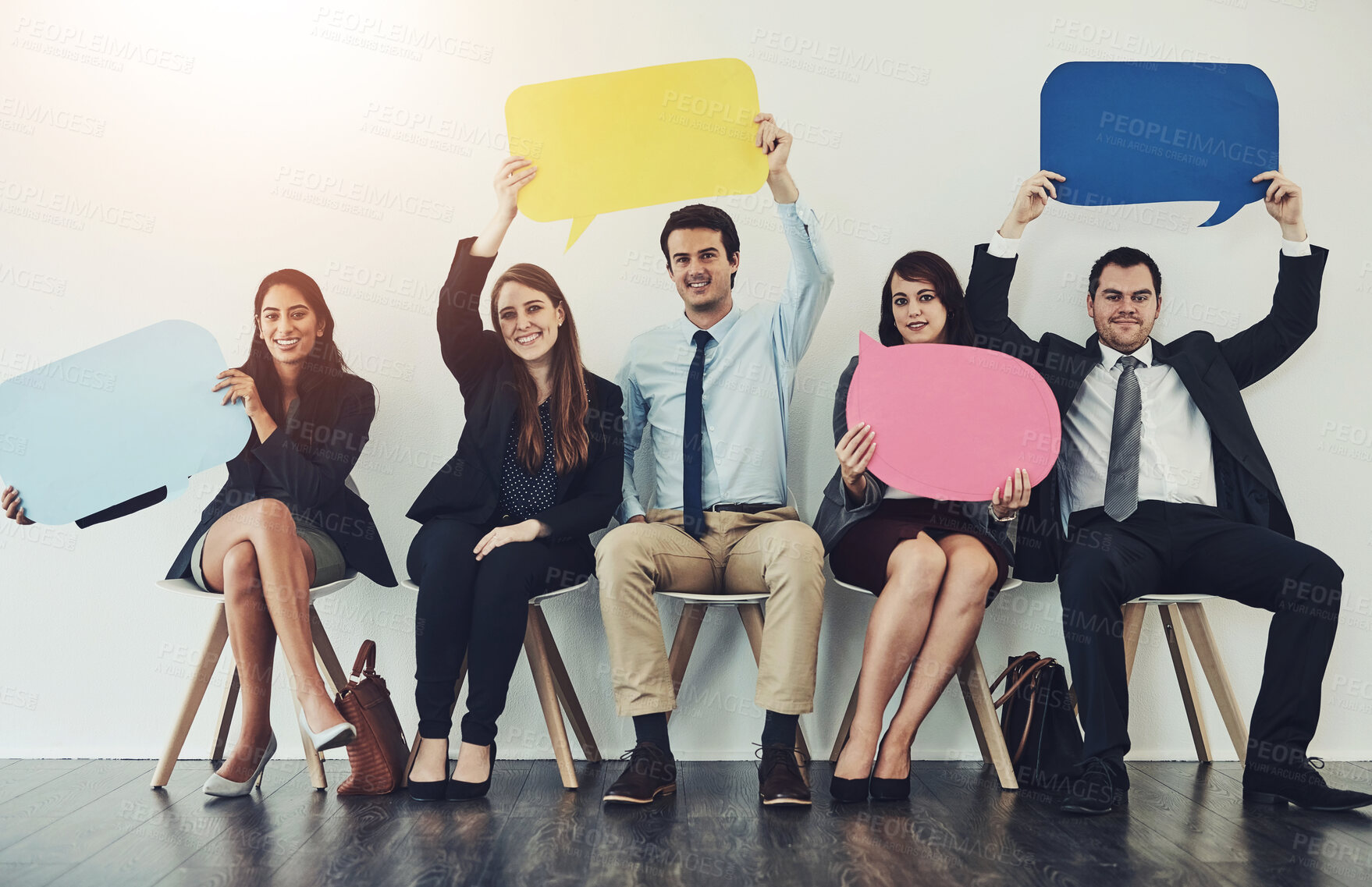 Buy stock photo Business, people and and waiting with speech bubble for job, interview and opinion on mockup in line. Corporate, communication and portrait as recruitment, hr and voice for employee mental health