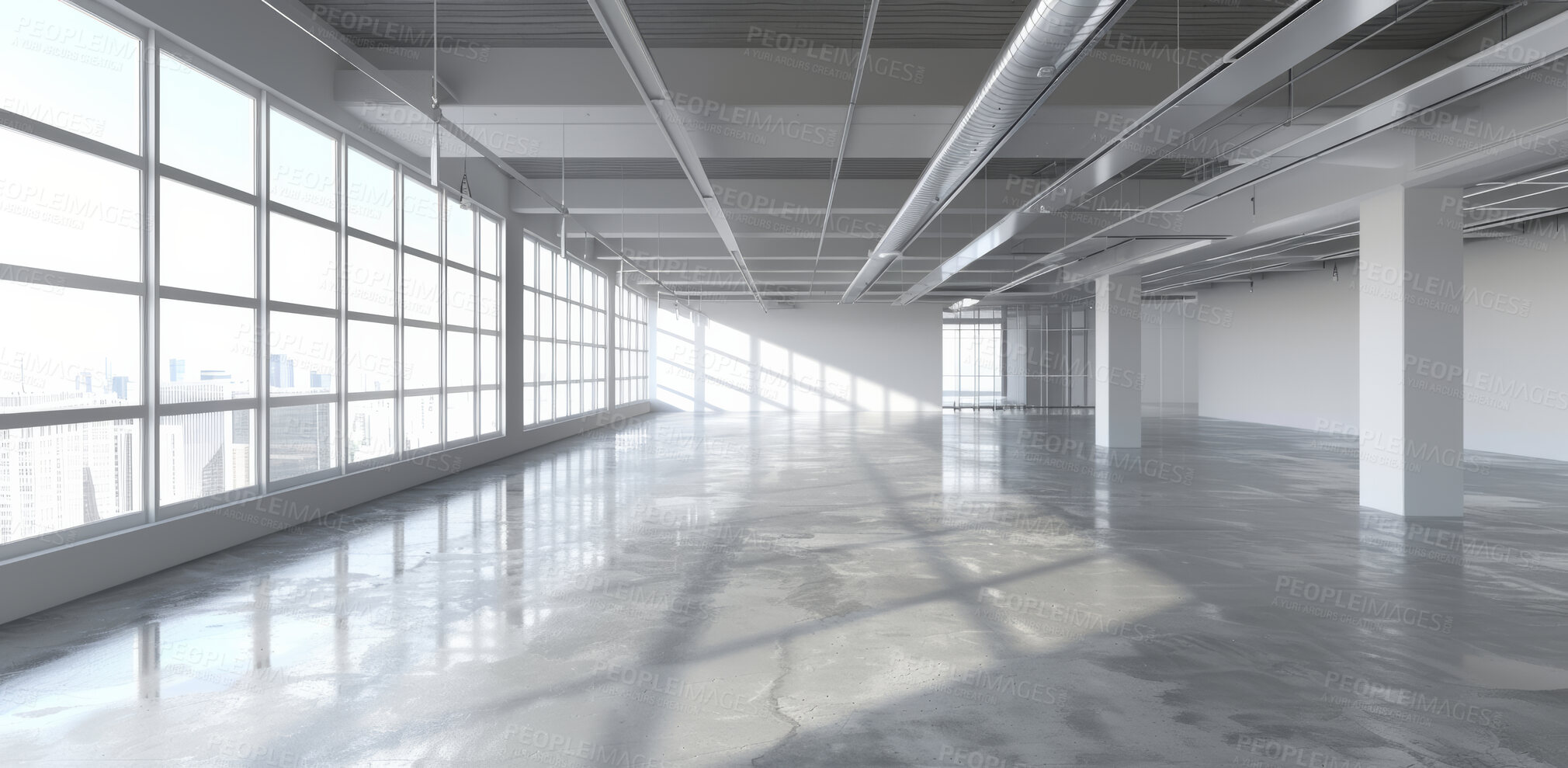 Buy stock photo Empty, modern building and space for office or warehouse for interior design, architecture and real estate. Industrial, background and vacant room for workplace, urban planning and business site
