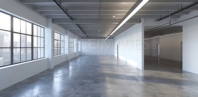 Warehouse, office space and empty for development, architecture and real estate for business. Wall, concrete or studio with window, minimalistic and interior design for new property with no furniture