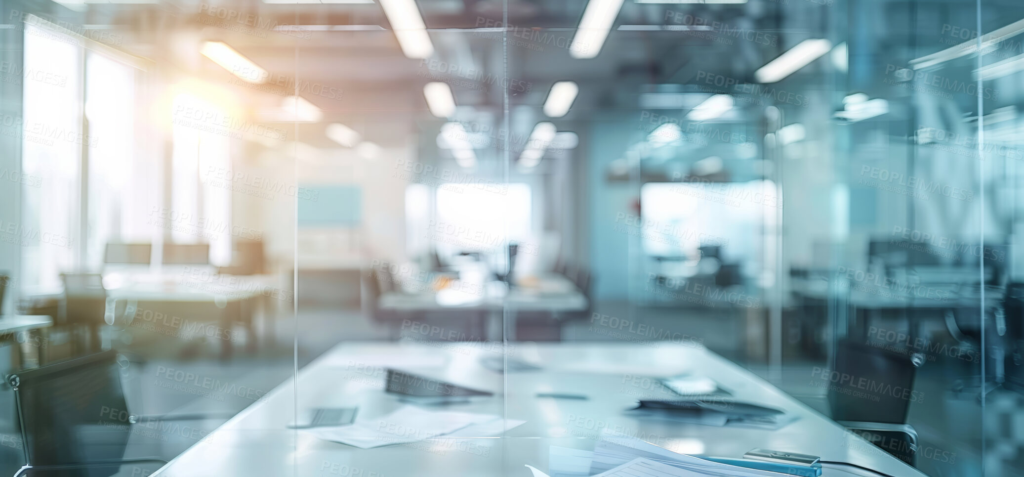 Buy stock photo Empty, boardroom and blur modern office with glass wall for vacant workspace, desolate area and spacious layout for work. Industrial architecture, interior design and deserted workplace and law firm.