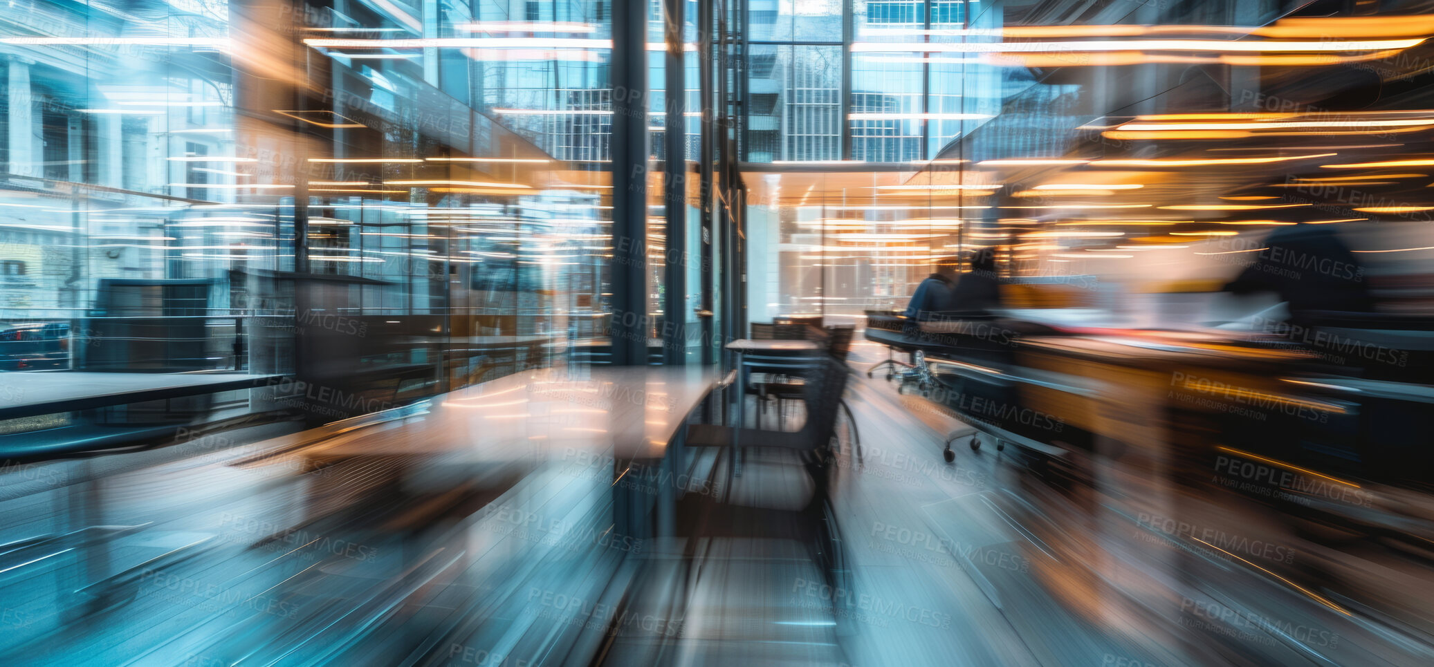 Buy stock photo Empty, room and blur modern office with workspace or furniture, desolate area and spacious layout for work. Industrial architecture, interior design and business or corporate workplace and law firm.