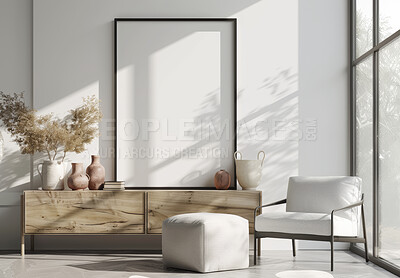Luxury, home decor and empty frame in living room for creative space, aesthetic or product placement in apartment. Art, mockup or blank canvas for natural house, condo or interior design in lounge.