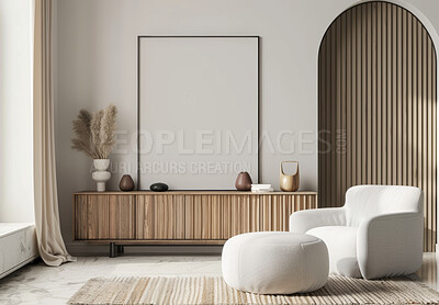 Luxury house, home decor and empty frame in living room for creative, aesthetic or product placement in apartment. Art, mockup or blank canvas for interior design, condo or natural style in lounge.