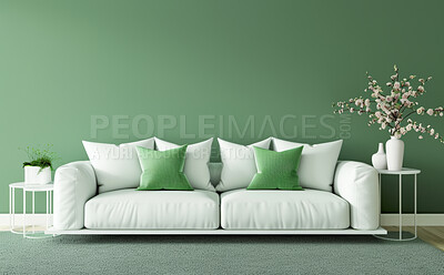Interior design, couch and living room or empty and bright, decor and wall with mockup for luxury apartment with throw pillows. Rug, stylish and accommodation for lifestyle, home and feng shui
