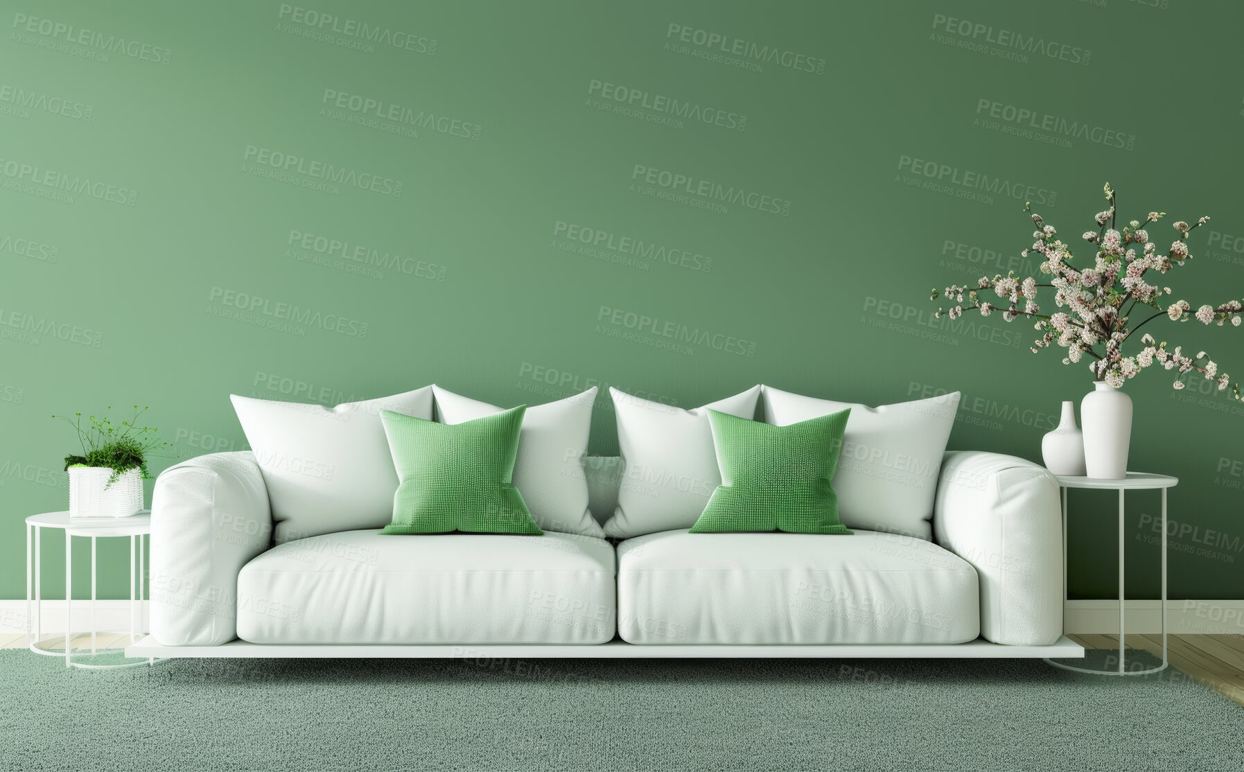 Buy stock photo Interior design, couch and living room or empty and bright, decor and wall with mockup for luxury apartment with throw pillows. Rug, stylish and accommodation for lifestyle, home and feng shui