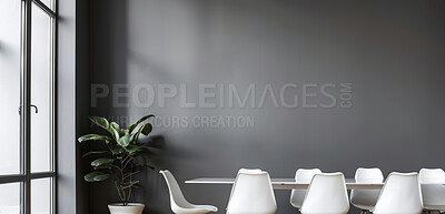 Buy stock photo Interior design, home and decoration for dinning room, minimalistic or furniture for house. Dark, plant and window for modern apartment, mock up space or feng shui in real estate property development