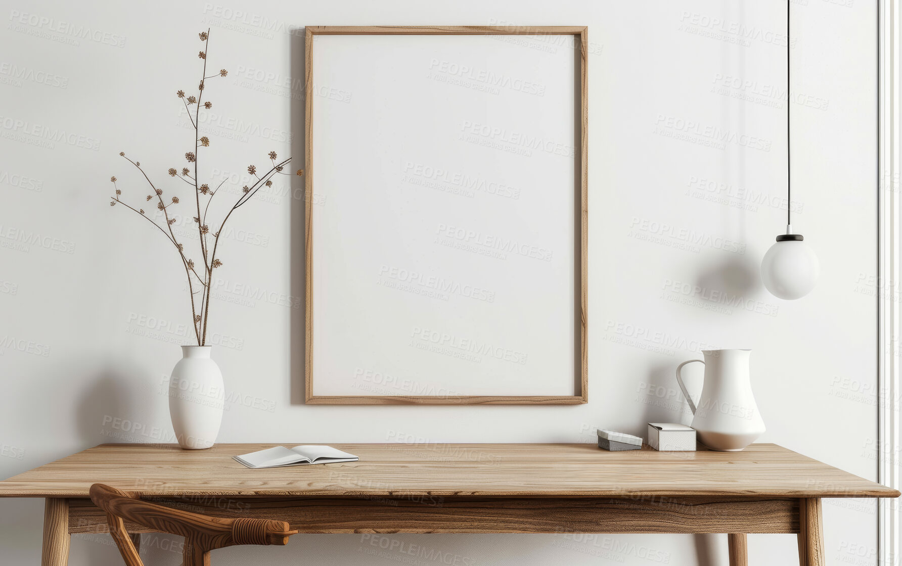 Buy stock photo Interior design, desk and home office with elegant decor, chair and wood texture at apartment. Stylish, accommodation and workspace with luxury furniture and frame for renovation at modern house.