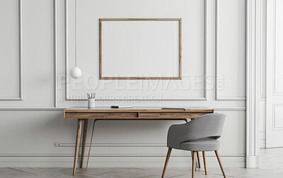 Buy stock photo Interior design, chair and home office with desk with elegant decor, frame and texture at modern apartment. Stylish, workspace and wood table with luxury furniture for renovation at classy house.
