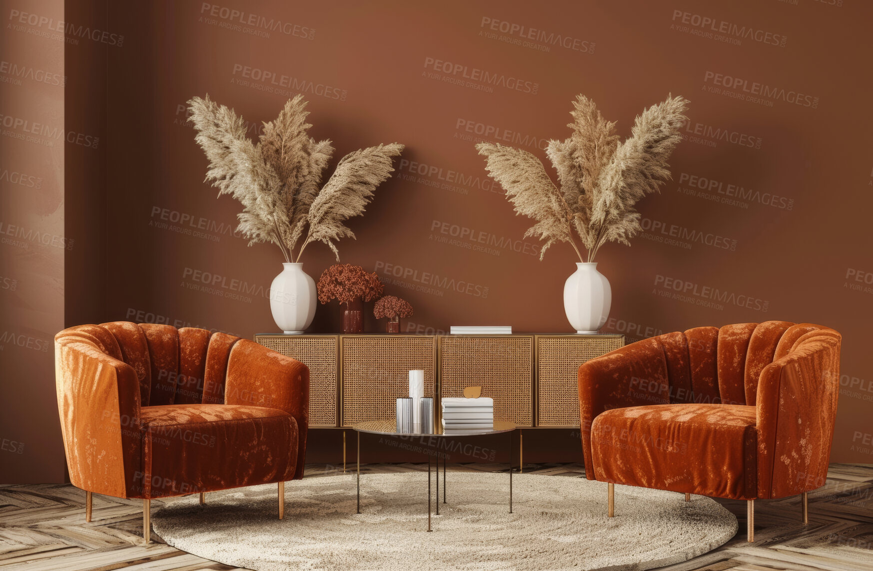 Buy stock photo Interior design, chairs and lounge and empty with decor, velvet and texture with woven carpet. Luxury apartment, stylish or accommodation for lifestyle, room and table with artificial flowers