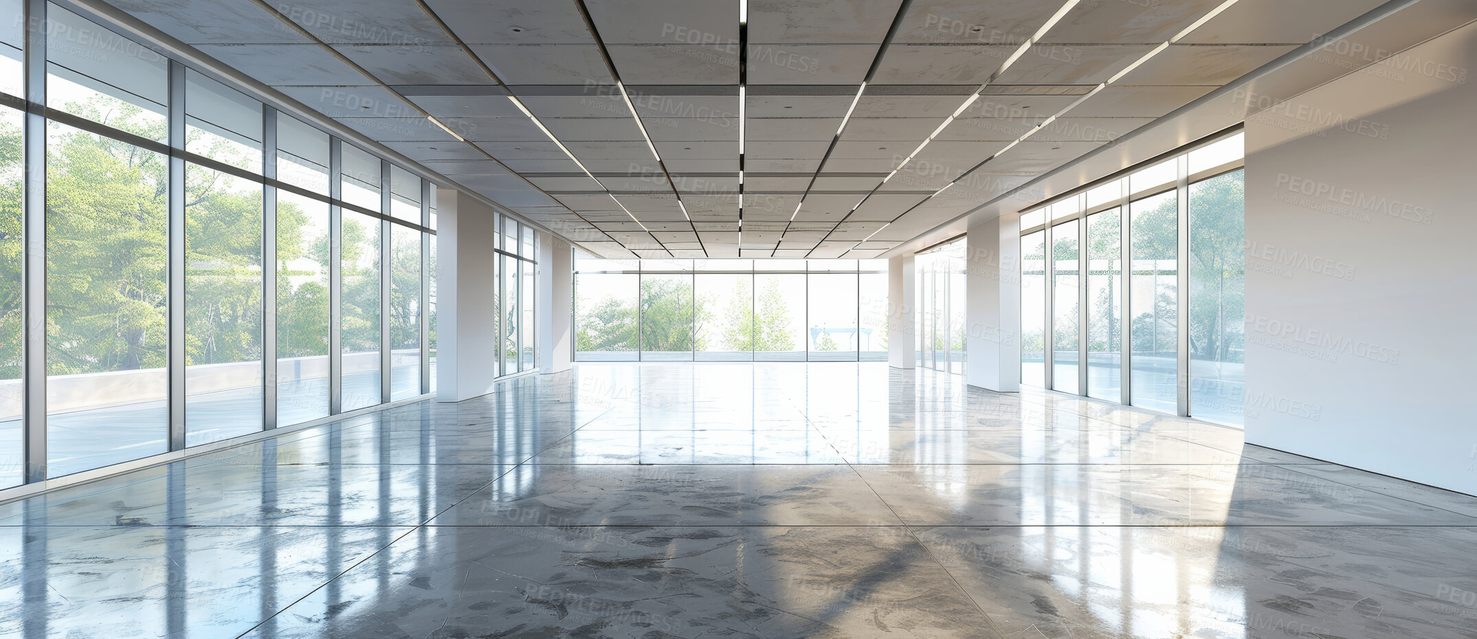 Buy stock photo Empty, building and space for office for interior design, architecture and real estate. Modern warehouse, background and vacant room with windows for workplace, urban planning and business boardroom