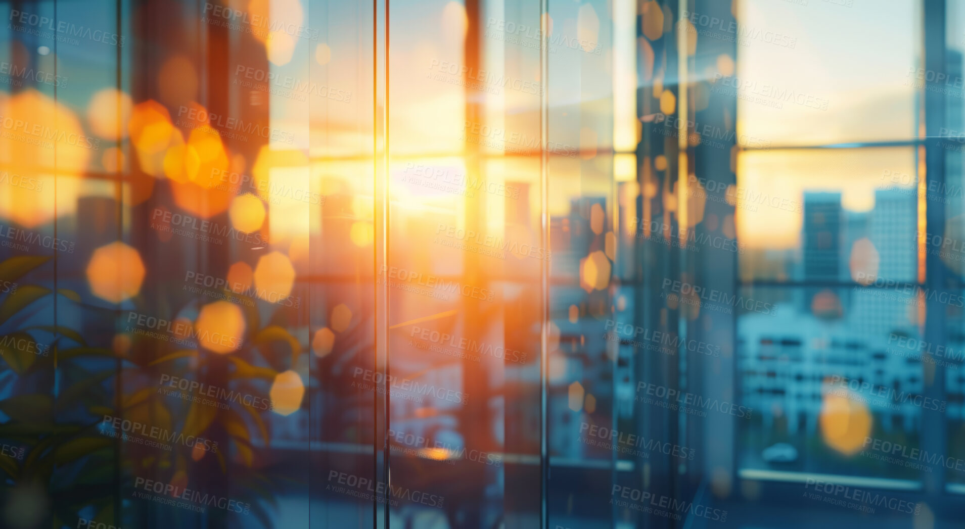 Buy stock photo City, flare and window of office building at sunrise for start of business, corporate or professional work in morning. Architecture interior, light and view through glass of urban town in summer