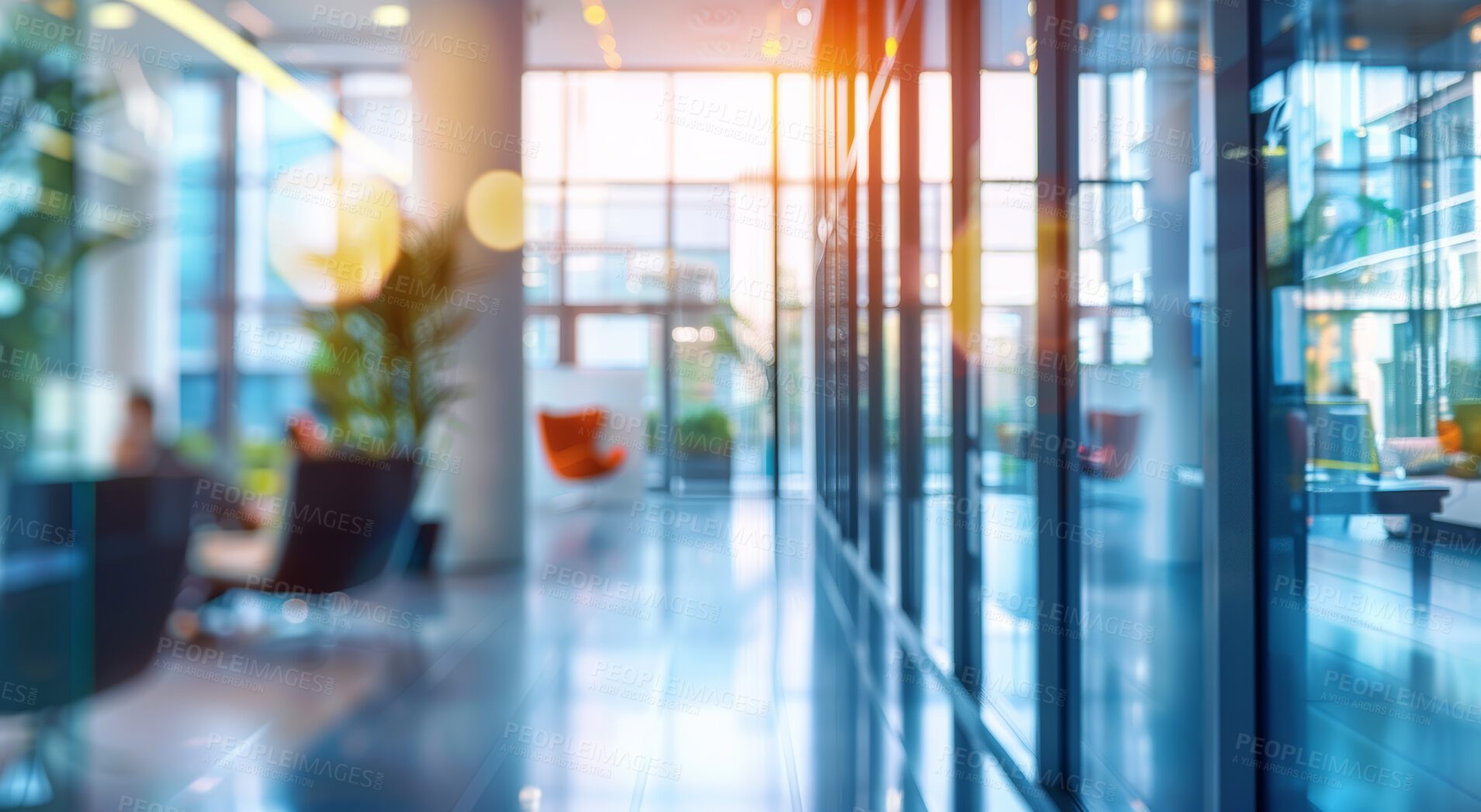 Buy stock photo Empty, room and blur modern office with glass wall for vacant workspace, desolate area and spacious layout for work. Industrial architecture, interior design and lens flare workplace and law firm.