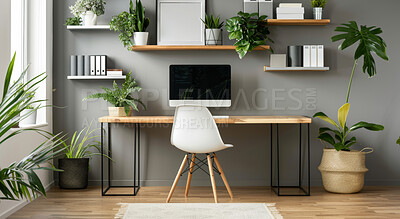 Home office, interior and modern furniture for workspace, creative aesthetic and decoration with plants. Feng shui, minimalistic design and business room of freelancer, empty and setup display