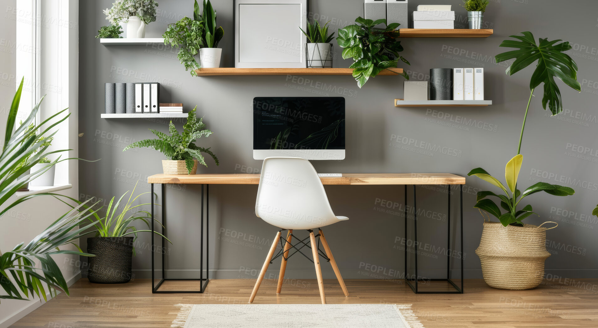 Buy stock photo Home office, interior and modern furniture for remote workspace, creative aesthetic and decoration with plants. Feng shui, minimalistic design and room of freelancer, empty and mockup setup display