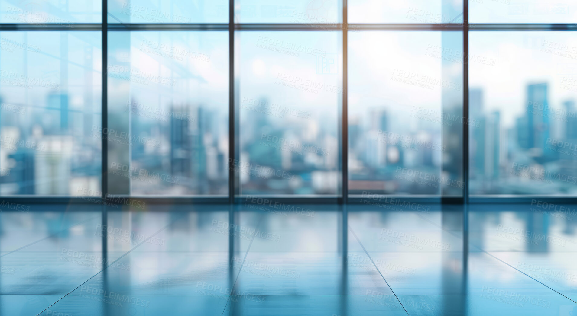 Buy stock photo Empty, room and modern office with window for view of city building, interior design and open space for workspace with glass wall. Industrial architecture, business and company of professional agency