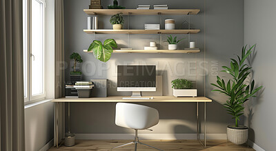 Home office, workspace and modern furniture for real estate, creative aesthetic and decoration with plants. Feng shui, minimal and interior design for business room of freelancer or setup display