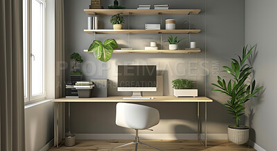 Buy stock photo Home office, workspace and modern furniture for real estate, creative aesthetic and decoration with plants. Feng shui, minimal and interior design for business room of freelancer or setup display