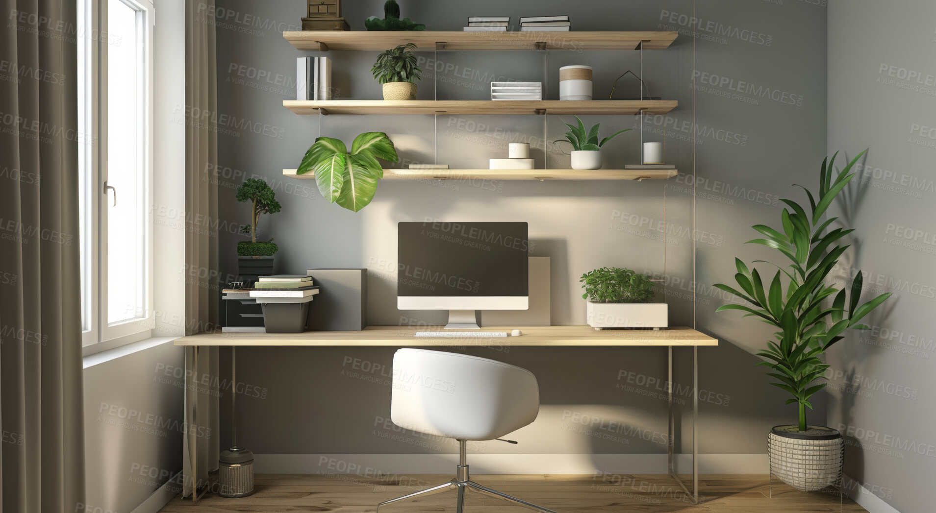 Buy stock photo Home office, workspace and modern furniture for real estate, creative aesthetic and decoration with plants. Feng shui, minimal and interior design for business room of freelancer or setup display