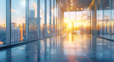 City, interior and window of office building at sunrise for start of business, corporate or professional work in morning. Architecture flare and view of light through glass of urban town in summer