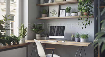 Interior design, home and decoration for office, plants and furniture for house. Computer, botany and natural apartment with window, light and technology for real estate and development for property