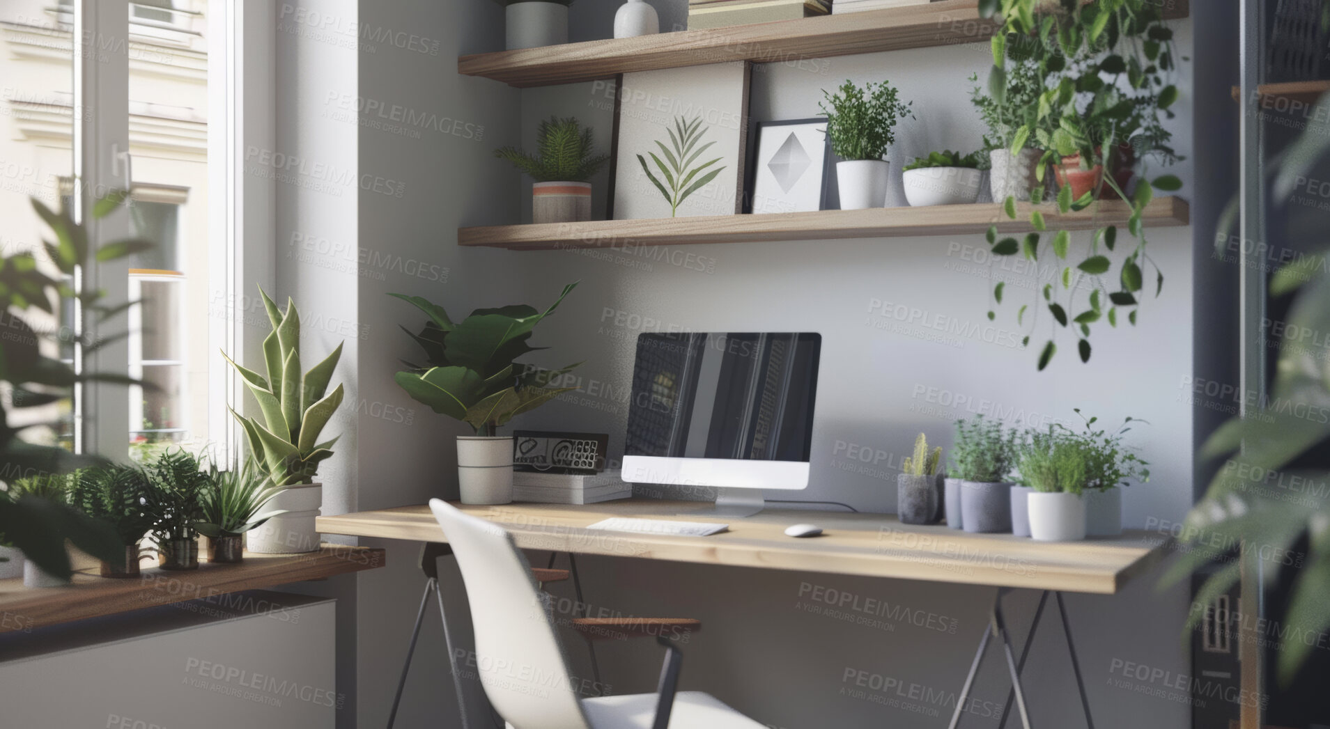 Buy stock photo Interior design, home and decoration for office, plants and furniture for house. Computer, botany and natural apartment with window, light and technology for real estate and development for property