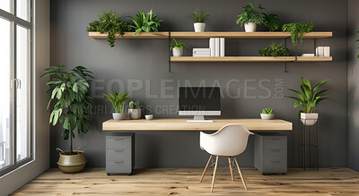 Buy stock photo Home office, empty and modern furniture for workspace, creative aesthetic and decoration with plants. Feng shui, minimalistic and interior design for business room of freelancer or setup display