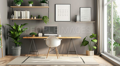 Home, computer and decoration for office, plants and furniture for house. Workplace, interior design or natural apartment with window, light or technology for real estate and development for property