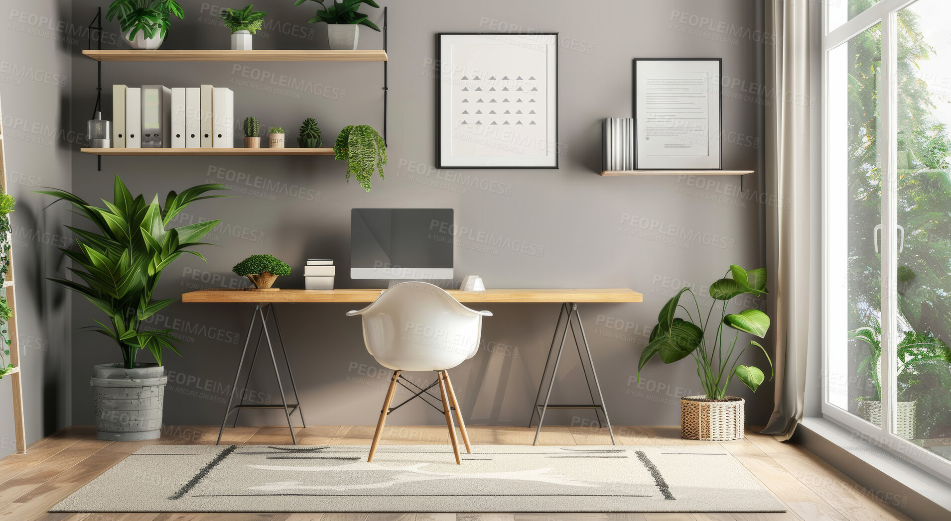 Buy stock photo Home, computer and decoration for office, plants and furniture for house. Workplace, interior design or natural apartment with window, light or technology for real estate and development for property
