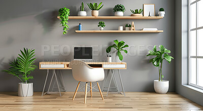Home, computer and decoration for workplace, plants and furniture for house. Office, interior design or natural apartment with window, light or technology for real estate and development for property