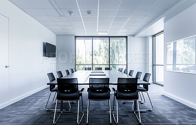 Empty, chairs and table for minimalist conference room, corporate company and meeting boardroom in law firm building. Vacant, furniture and seats for luxury office or workplace, interior and design