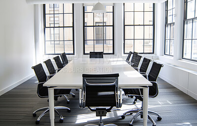 Empty, chairs and table for conference room, corporate company and meeting boardroom in law firm building. Vacant, furniture and seats for luxury office or workplace, interior and clean modern design