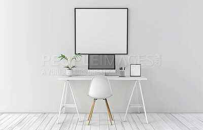 House, computer screen or poster mockup frame for interior design, real estate or moving opportunity. Furniture, property or pc space for remote work or contact us for minimalist home renovation