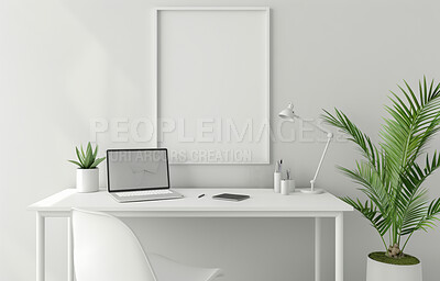 House, laptop screen and poster mockup frame for interior design, real estate or moving opportunity. Furniture, property or computer space for remote work or contact us for minimalist home renovation