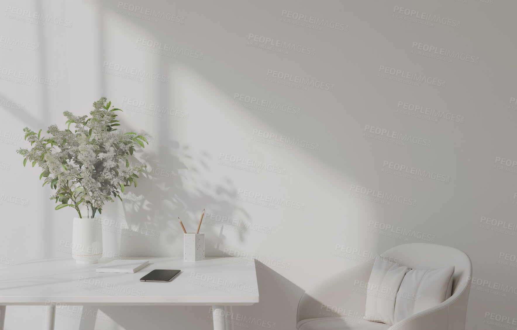 Buy stock photo Table, empty office and interior with chair, plant and mockup up space on wall in workplace. Desk, room and flower pot at workspace with book, stationary and tablet in startup business on background