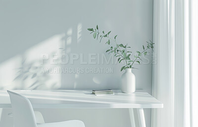 Desk, empty and chair for modern apartment, house and study area in room with aesthetic plant. Vacant, furniture and table for luxury office or workspace, interior and white minimalist design in home