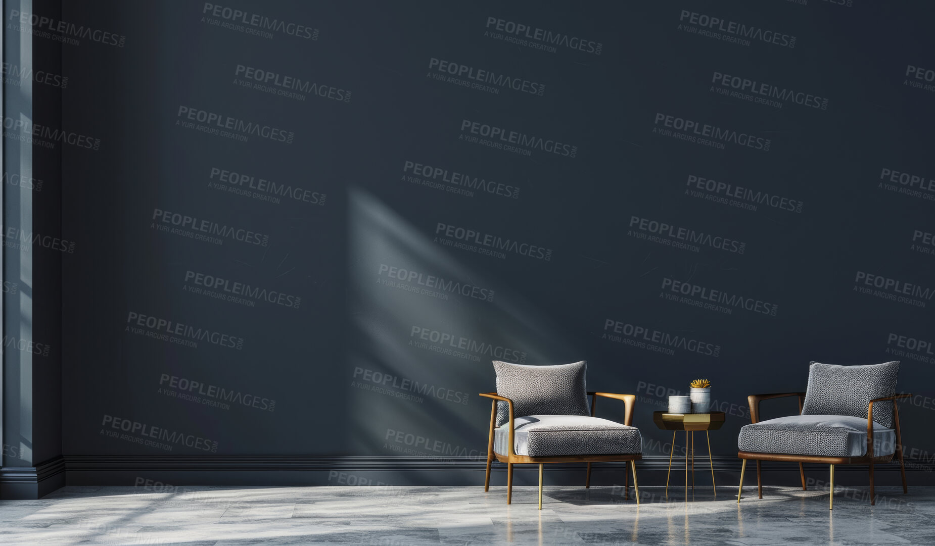 Buy stock photo Living room, space and chair with table on floor for creative architecture, luxury and design of lounge. Empty, sofa and interior with furniture in property for modern house, home decor and apartment