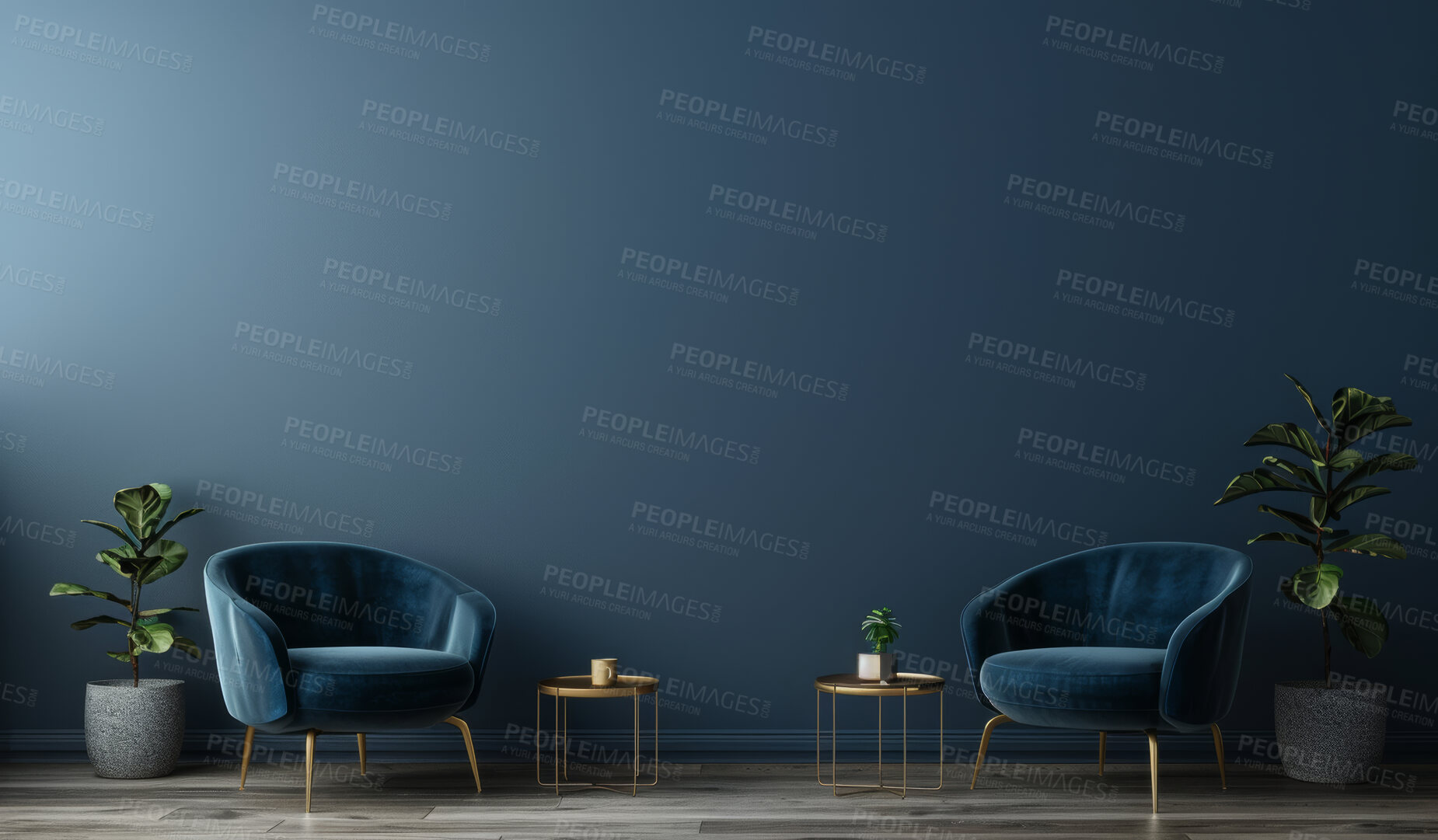 Buy stock photo Interior, space and chair with table in living room for creative architecture, luxury and design. Apartment, plants and sofa with blue furniture on floor for modern property, home decor and house