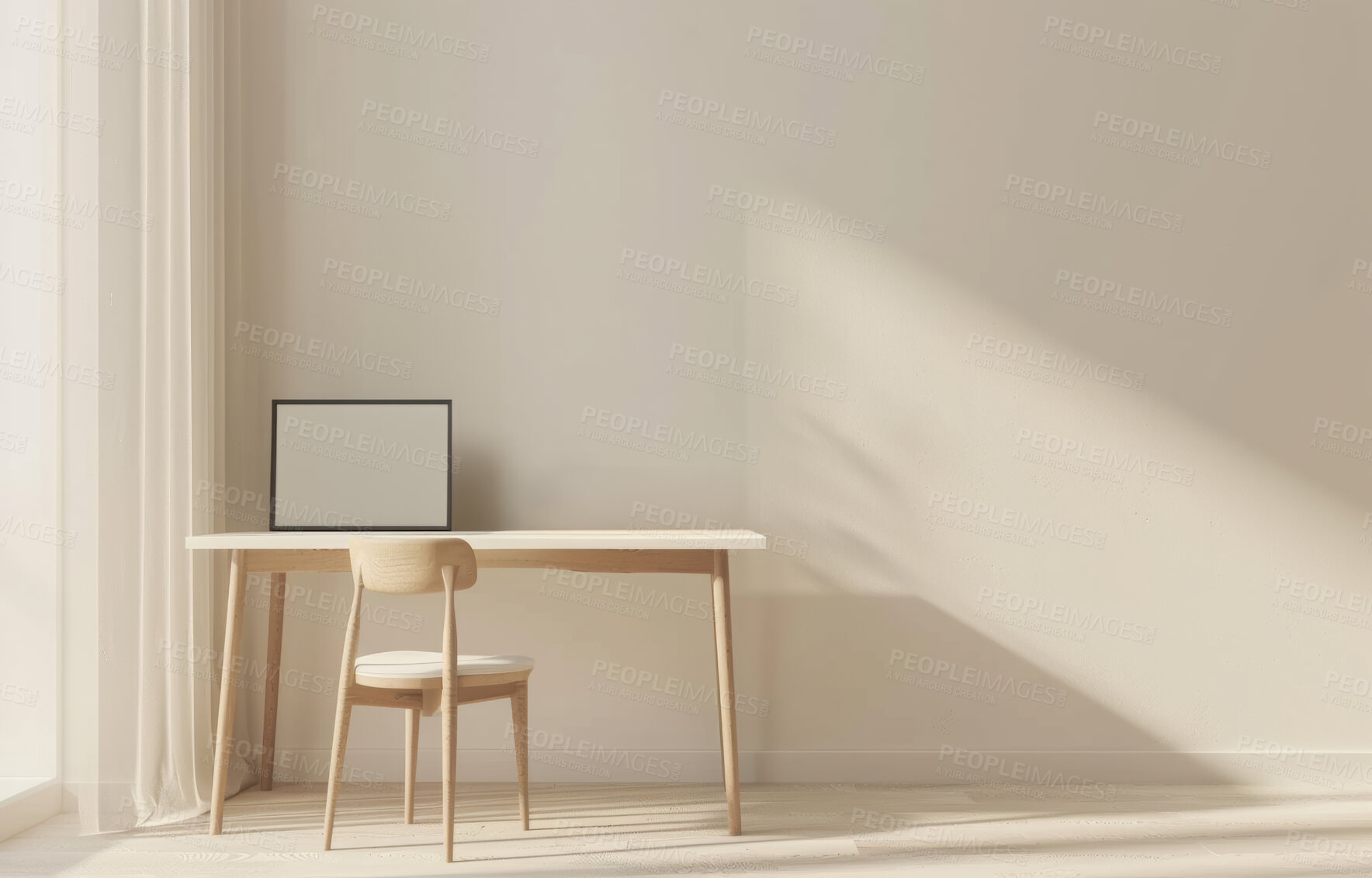 Buy stock photo Interior design, desk and home office with frame for decor, chair and wood texture at apartment. Stylish, accommodation and elegant workspace with luxury furniture for renovation at modern house.