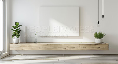 Interior, home decor and empty frame with product placement in living room for creative space in apartment. Art, mockup or blank canvas for luxury house, condo or natural design aesthetic in lounge.