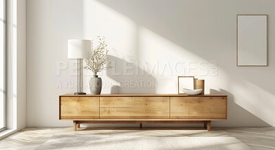 Buy stock photo Interior design, home decor and empty frame in living room for creative space, aesthetic or product placement in apartment. Art, mockup or blank canvas for luxury house, condo or furniture in lounge.