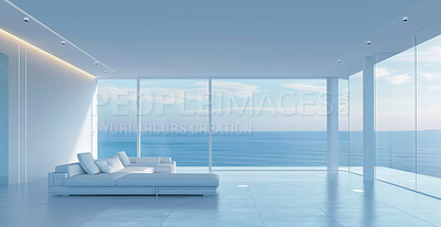 Buy stock photo Interior, furniture and house with minimal design, view and window with peace, sunshine and living room. Vacation home, sofa or decoration with lights, sunlight or ocean with texture, luxury or space