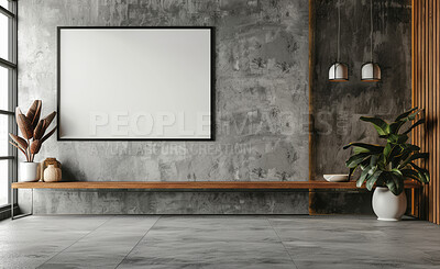 Buy stock photo Interior, home decor and empty frame in hotel for creative space, aesthetic or product placement in apartment. Art, mockup or blank canvas for luxury house, condo or natural design in living room.