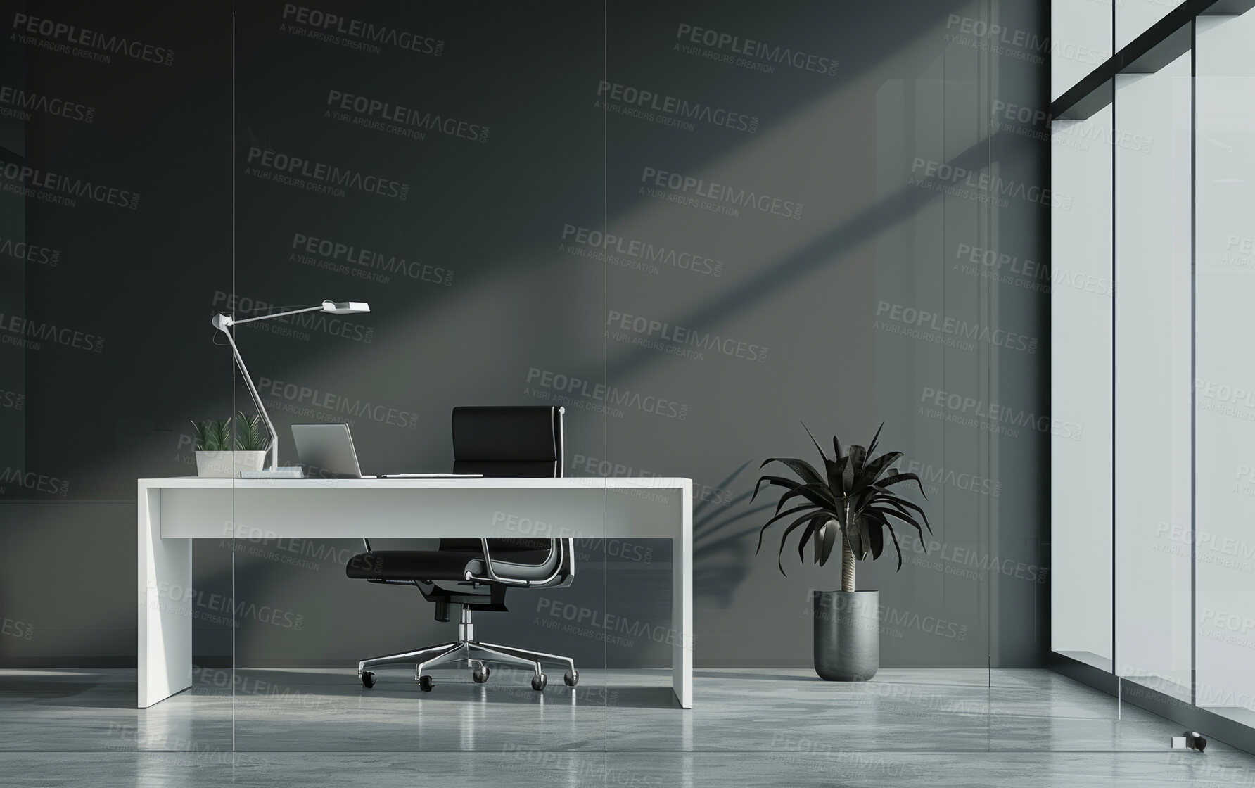 Buy stock photo Chair, desk and laptop for corporate office or company, interior design and internet connection for business email. Empty room, furniture and tech in modern workplace for executive, windows and light