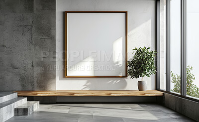 Interior, home decor and empty frame in living room for creative space, aesthetic or product placement in apartment. Art, mockup or blank canvas for luxury house, condo or natural design in lounge.