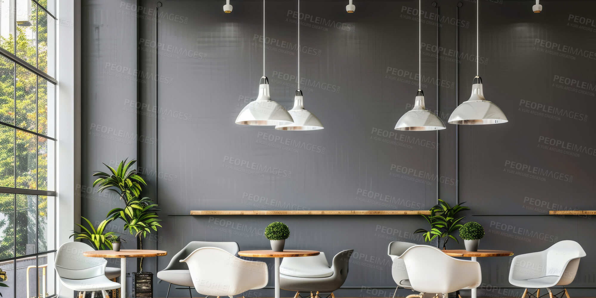 Buy stock photo Empty, interior design and cafe with furniture, desk and lights with ergonomics, business and house. Workspace, texture and environment friendly material, restaurant and sustainable living with chair