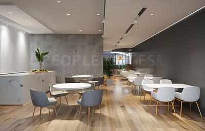 Restaurant, interior and design of room with furniture for architecture, modern or minimalistic. Chair, table and space of luxury cafeteria with laminate floor for hospitality, decoration or elegance